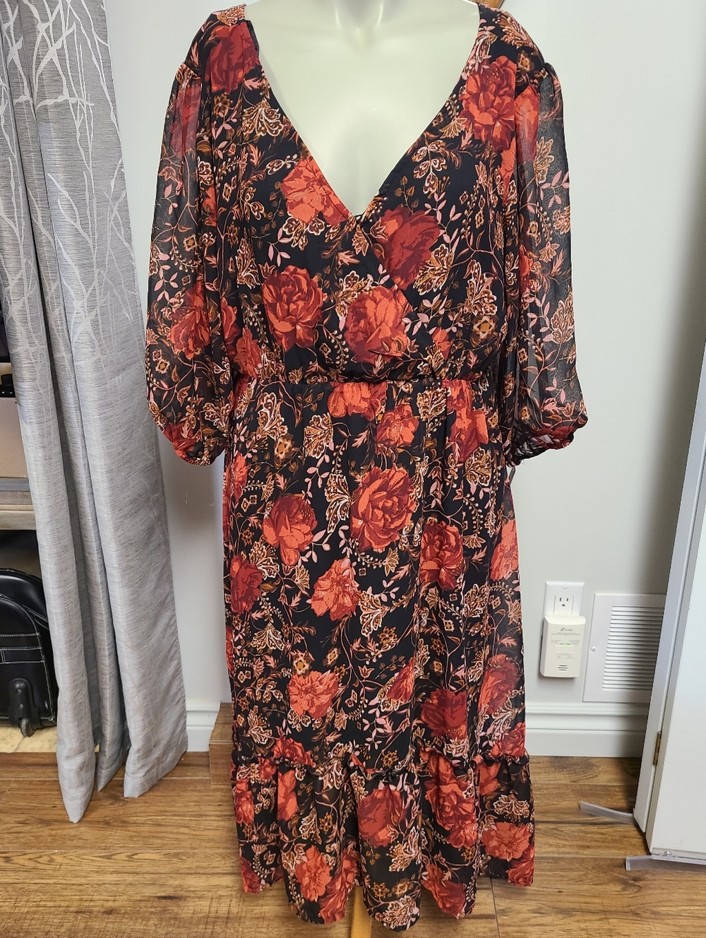 Maurices Black Midi Dress with Red Floral Print